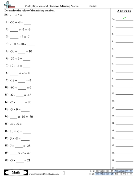 Negative Number Worksheets - Multiplication and Division Missing Value worksheet
